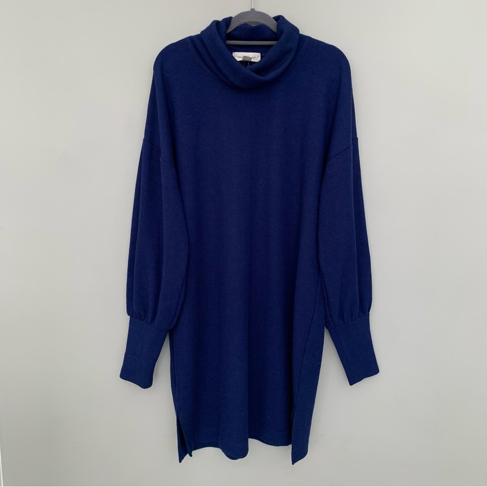Treasure & Bond Womens Navy Blue Ribbed Cowl Neck Balloon Sleeve Sweater Dress L